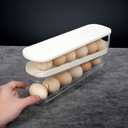 Egg Holder For Fridge With Lid - Auto Roll Down Egg Dispenser For Refrigerator Storage Organizer Space Saving Egg - Easy Access 2 Tier Egg Storage Rack (1 pcs)