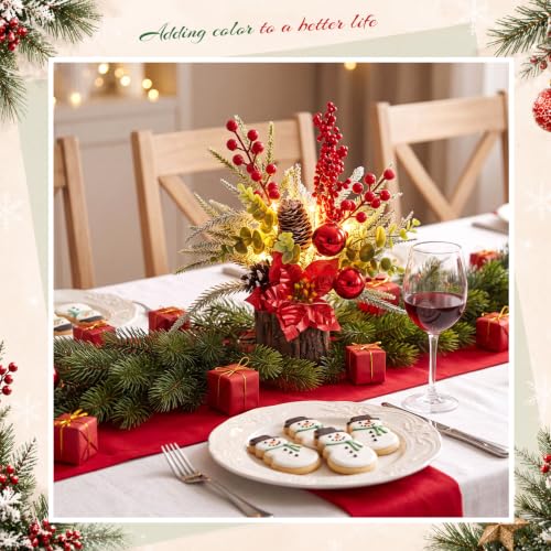 Christmas Tree Table Centerpiece with LED Lights - Red Poinsettia Variation