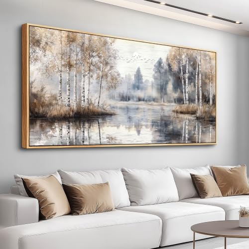 Large Wall Art Canvas Print - Misty Birch Forest Landscape 20x40 White Frame