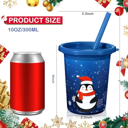 Christmas Plastic Cups with Straws and Lids - 10 Oz 12 Pack