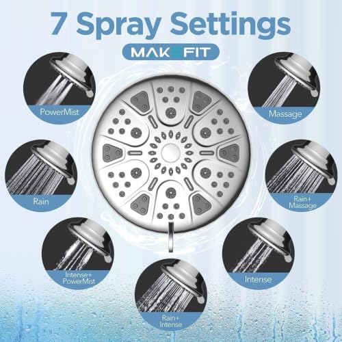 MakeFit Silver Filtered Shower Head with Upgraded Activated Carbon Filter - High Pressure Rain Shower with 7 Settings for Hard Water