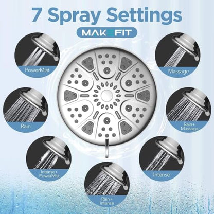 MakeFit Silver Filtered Shower Head with Upgraded Activated Carbon Filter - High Pressure Rain Shower with 7 Settings for Hard Water