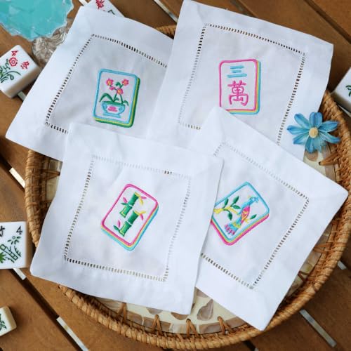 Set of 4 Mahjong Embroidered Cotton Cocktail Napkins - 6x6 Inches, Reusable & Eco-Friendly Table Decor