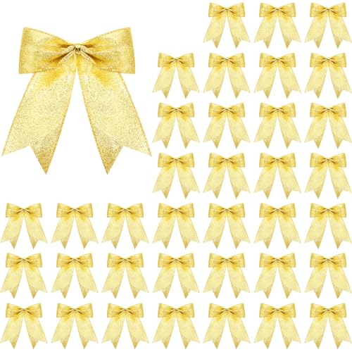 Gold Glitter Christmas Tree Bows - 36 Pcs, 7x7 Inch, Holiday Decor
