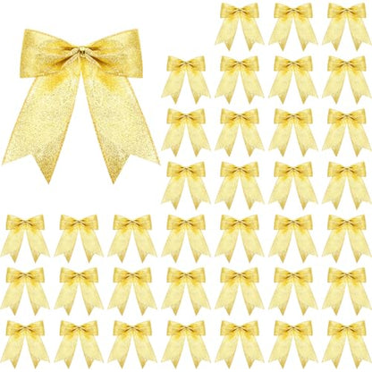 Gold Glitter Christmas Tree Bows - 36 Pcs, 7x7 Inch, Holiday Decor
