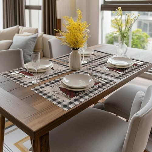Christmas Trees Vinyl Placemats Set of 6 - 12x18 Inch Rectangular Black Winter Table Mats
