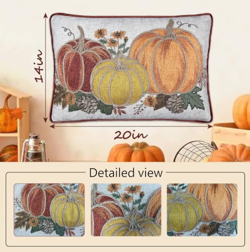 Fall Pumpkin Embroidery Throw Pillow Cover 14x20 Inch Rustic Harvest Decor