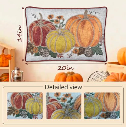 Fall Pumpkin Embroidery Throw Pillow Cover 14x20 Inch Rustic Harvest Decor
