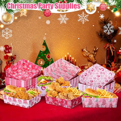 Christmas Pink Paper Food Trays - 36 Pack Disposable Serving Trays for Party