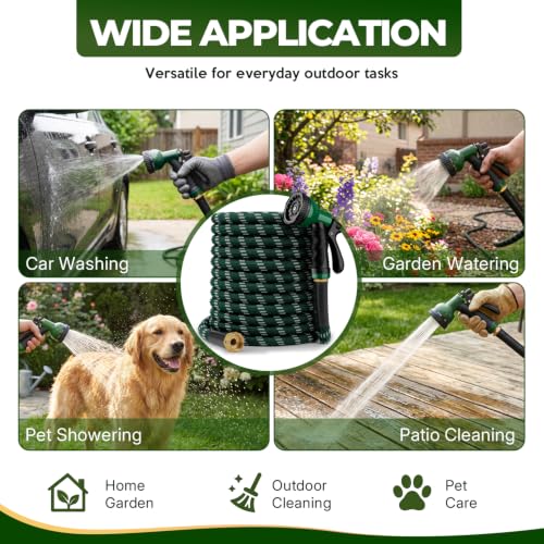 Dark Green 100 ft Upgraded Kink-Free Flexible Garden Hose with 10 Pattern Spray Nozzle