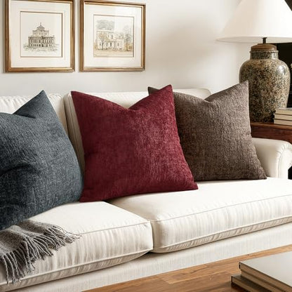 MIULEE Burgundy Textured Chenille Couch Pillow Covers 18x18 Pack of 2