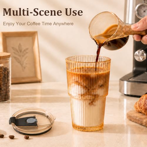 Amber Ribbed Glass Iced Coffee Cup 20oz with Leak-Proof Lid & Straw - Set