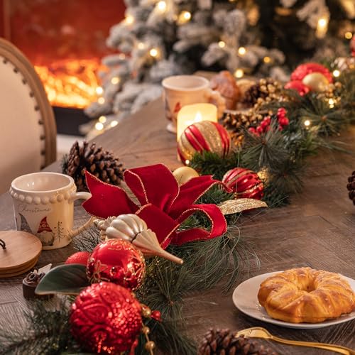 Red 9 Feet Pre-Lit Christmas Garland with Red Gold Balls & Bow - Valery Madelyn
