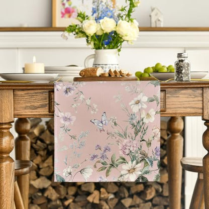 Pink Wildflower Leaf Spring Table Runner 13x72 Inch Home Decor