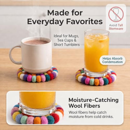 Multicolor Wool Felt Coasters with Holder - 5 Pack Round Handmade Drink Protectors