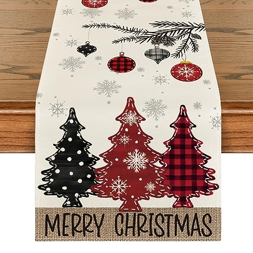 Merry Xmas Pine Tree Table Runner 13x108 Inch Holiday Party Decor - Red