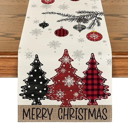 Merry Xmas Pine Tree Table Runner 13x108 Inch Holiday Party Decor - Red