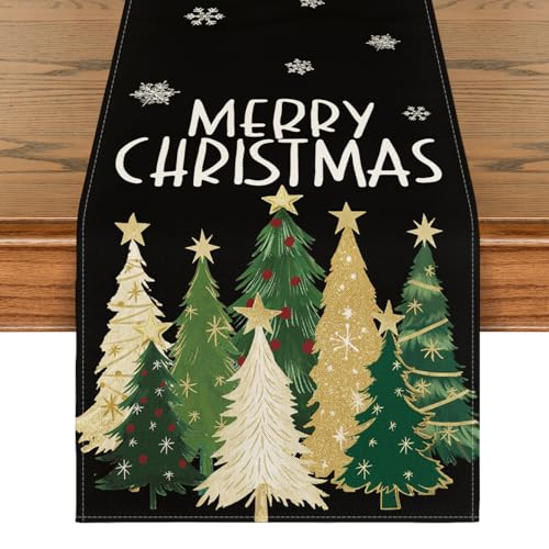 13 x 120 Inch Xmas Trees Snowflakes Table Runner Black Holiday Kitchen Decor