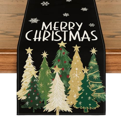 13 x 120 Inch Xmas Trees Snowflakes Table Runner Black Holiday Kitchen Decor