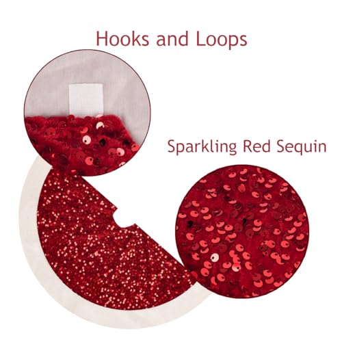 Christmas Tree Skirt 48 Inch Red Sequin with White Faux Fur - Holiday Decor