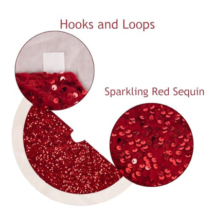 Christmas Tree Skirt 48 Inch Red Sequin with White Faux Fur - Holiday Decor