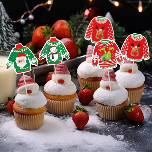 Ugly Sweater Christmas Cupcake Toppers 40 pcs Holiday Cake Decorations - Variation of Christmas-40pcs