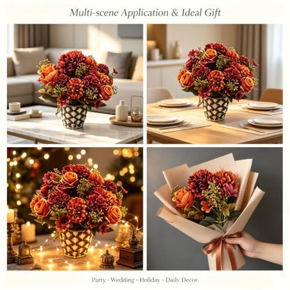 Artificial Fall Flowers Bouquet - Orange Red Silk Faux Arrangement, 8 Pack Variation