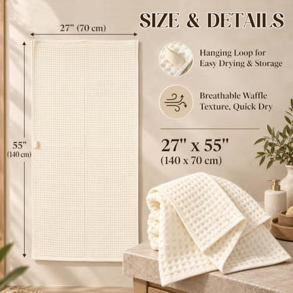 Cream Waffle Cotton Bath Towels 2 Pack, 27x55 Inches - Absorbent & Soft