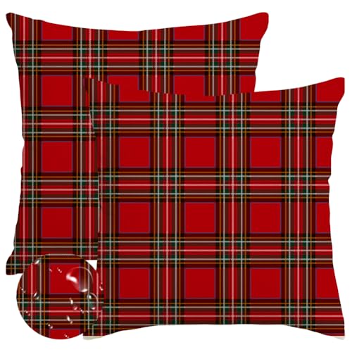 Christmas Plaid Pillow Covers 20x20 Waterproof Decor Set - Red, Pack of 2