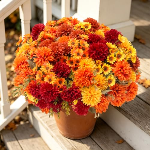 Artificial Fall Mums Flowers Set - 16 Pcs Indoor Outdoor Decor - A-16pcs