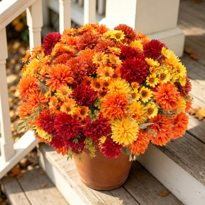 Artificial Fall Mums Flowers Set - 16 Pcs Indoor Outdoor Decor - A-16pcs