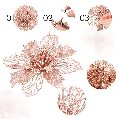Rose Gold Christmas Artificial Poinsettia Flowers - 24 Pack, Holiday Decor