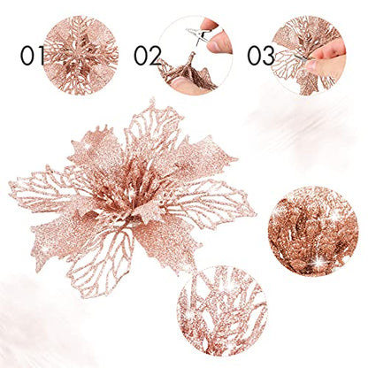 Rose Gold Christmas Artificial Poinsettia Flowers - 24 Pack, Holiday Decor