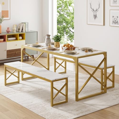 55-Inch Kitchen Dining Table Set for 4 with Benches - Space-Saving Steel Frame and Wood Grain Finish