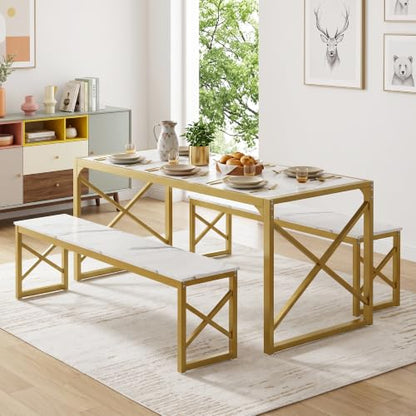 55-Inch Kitchen Dining Table Set for 4 with Benches - Space-Saving Steel Frame and Wood Grain Finish
