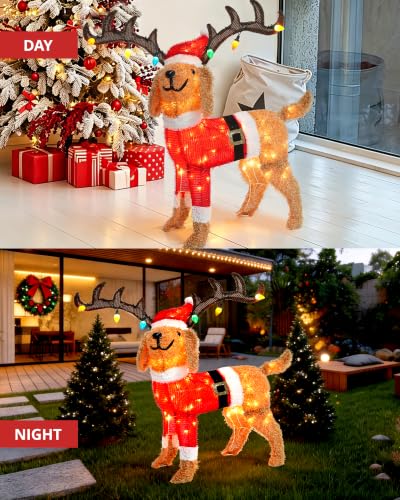 Lighted Christmas Dog Decoration with Santa Hat and Twinkling Lights - 33 Inch Outdoor Holiday Decor