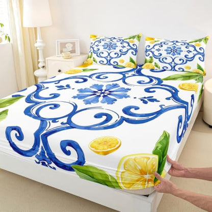 Blue Tile Lemon Full Bed Sheets Set - Bright Yellow Swirl Mandala Design