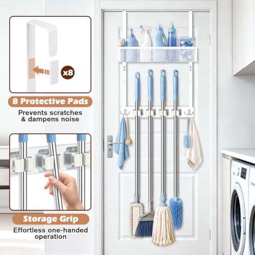Over the Door Broom and Mop Holder with Adjustable Metal Basket Wall Mount