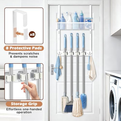 Over the Door Broom and Mop Holder with Adjustable Metal Basket Wall Mount