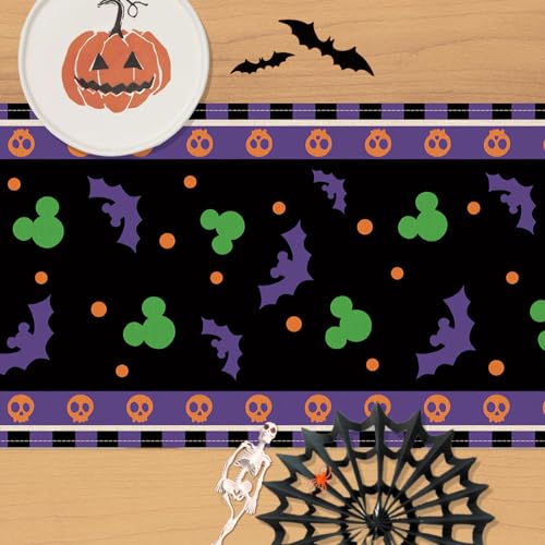 Halloween Bat Table Runner, Black Purple Skull Polka Dot Kitchen Decor