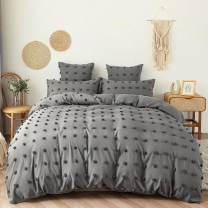 Grey Full Size Duvet Cover Set with Pom Poms and Embroidery Design