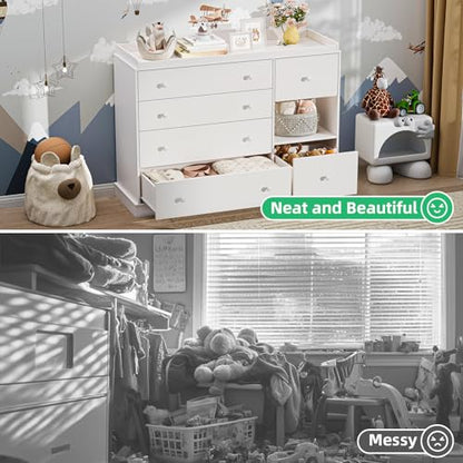 Kids Dresser Cabinet with 6 Drawers and Changing Table - Nursery Furniture, White