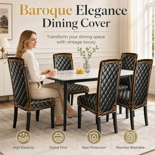 6pcs Washable Baroque Chair Cover for Dining Chairs - Elegant Gold Pattern, Stretch Fit, Waterproof