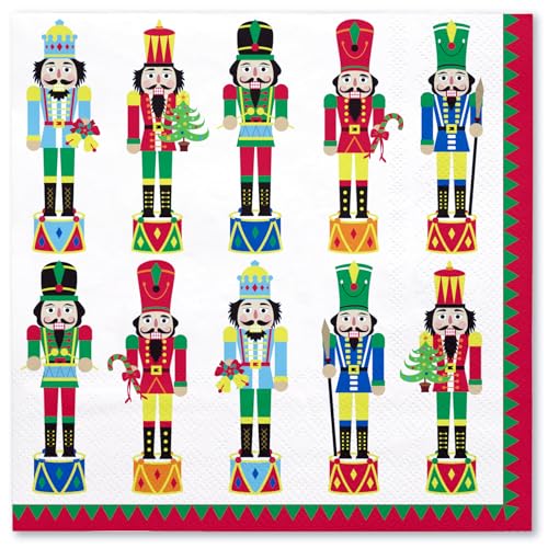 Green Nutcracker Christmas Paper Napkins - 50 Pack, 3-Ply, 5x5 Inches