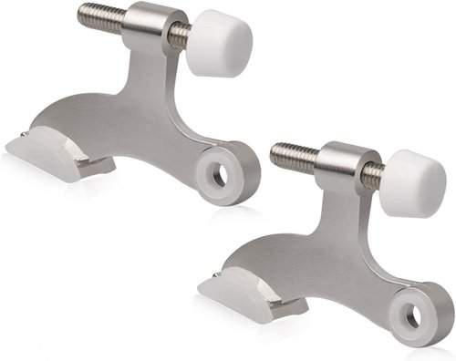 Brushed Satin Nickel Hinge Pin Door Stopper - Adjustable Heavy-Duty Design with White Rubber Bumper Tips | 2 Pack
