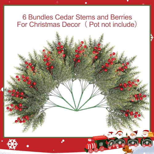 Artificial Christmas Norfolk Pine & Red Berry Stems - Green - 6 Bundles