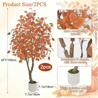 5ft Artificial Fall Trees Set - 2 Pack Eucalyptus Autumn Decor for Porch & Home