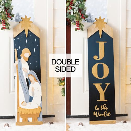 Double-Sided Nativity Porch Sign - 42" Leaning Wood Decor with JOY to the World