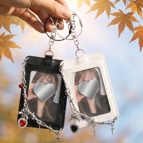 2-Pack Leather Photo Card Holder Keychain - Punk Style ID Badge Case