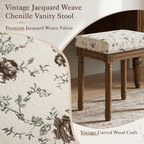 Vintage French Vanity Bench Stool - Mocha Rose Upholstered Makeup Chair